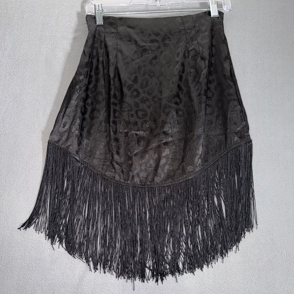 Black Leopard Jacquard Fringe S Mini Skirt Western Boho Chic Whimisigoth Edgy